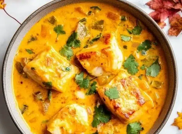 Delicious Coconut Fish Curry served with rice and garnished with herbs.