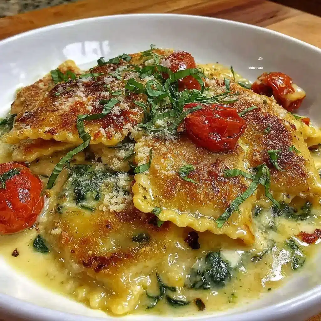 Creamy chicken and spinach casserole ready to serve, topped with cheese and herbs.