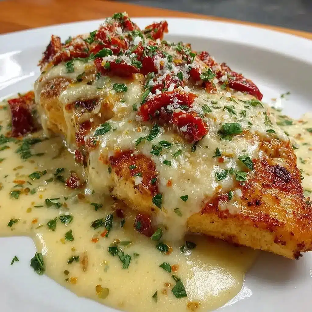 Delicious creamy garlic parmesan chicken breast garnished with herbs.