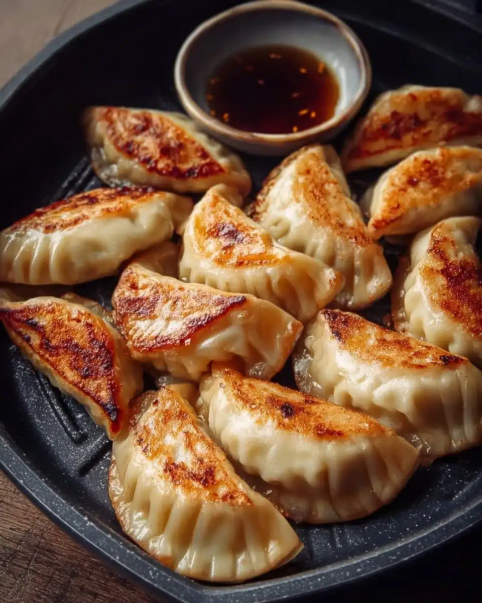 Crispy air-fried potstickers served with dipping sauce