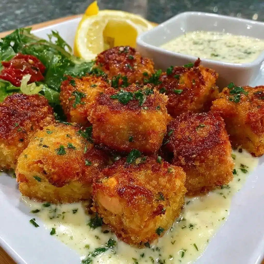 Crispy air fryer salmon bites on a plate with herbs