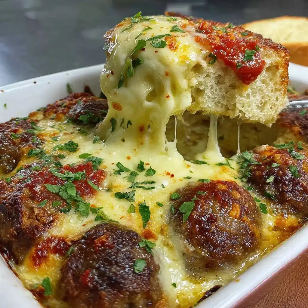 Delicious dump-and-bake meatball casserole served hot with melted cheese