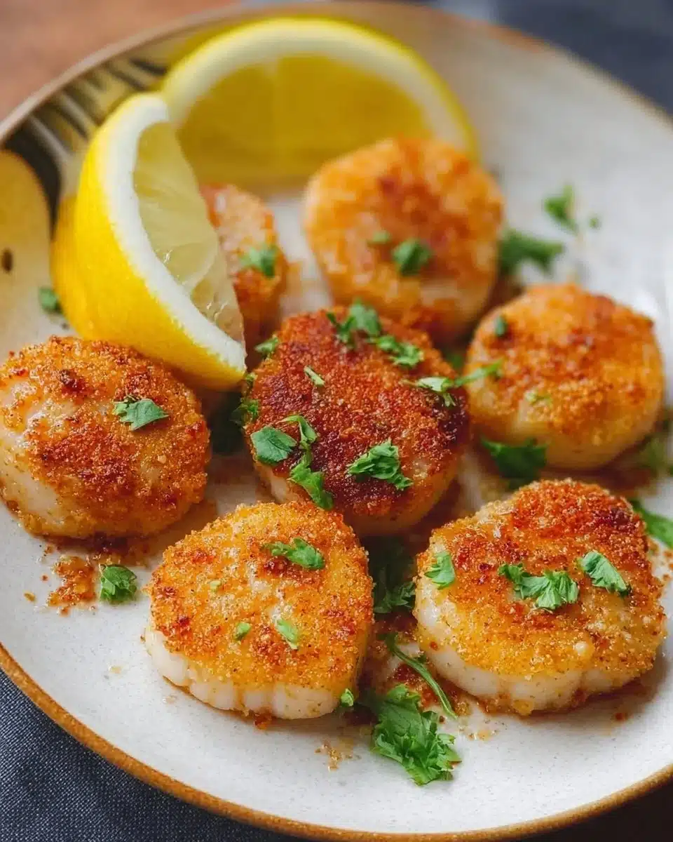 Delicious air fryer scallops served on a plate with garnish.