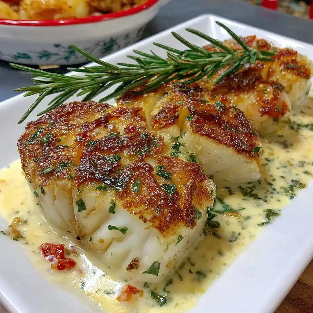 Easy baked cod served with rosemary cream sauce on a plate