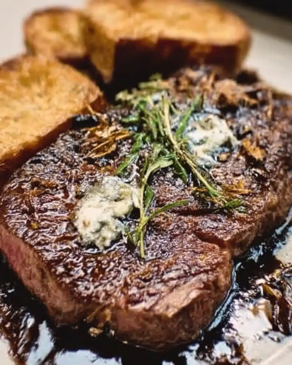 Juicy Garlic Butter Ribeye Steak garnished with herbs on a plate