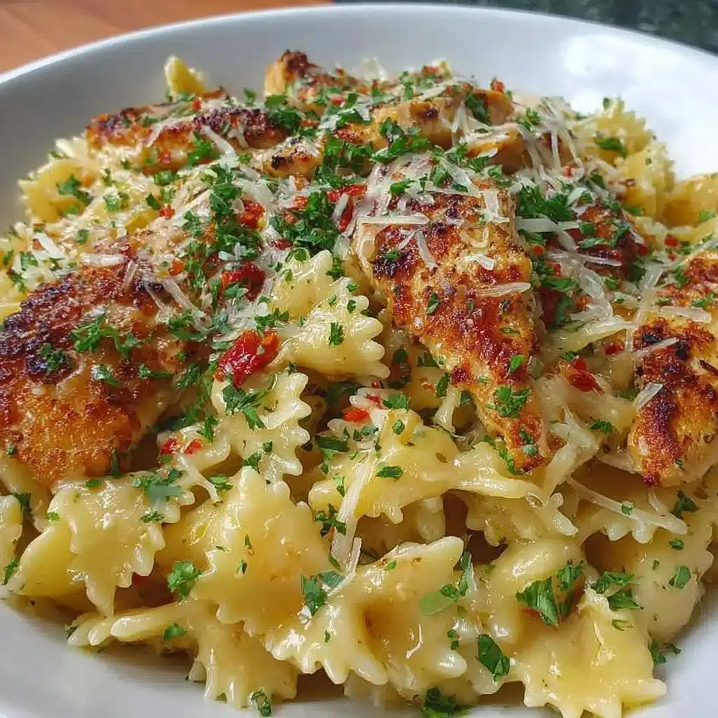 Healthy garlic parmesan chicken pasta dish with vegetables and herbs.