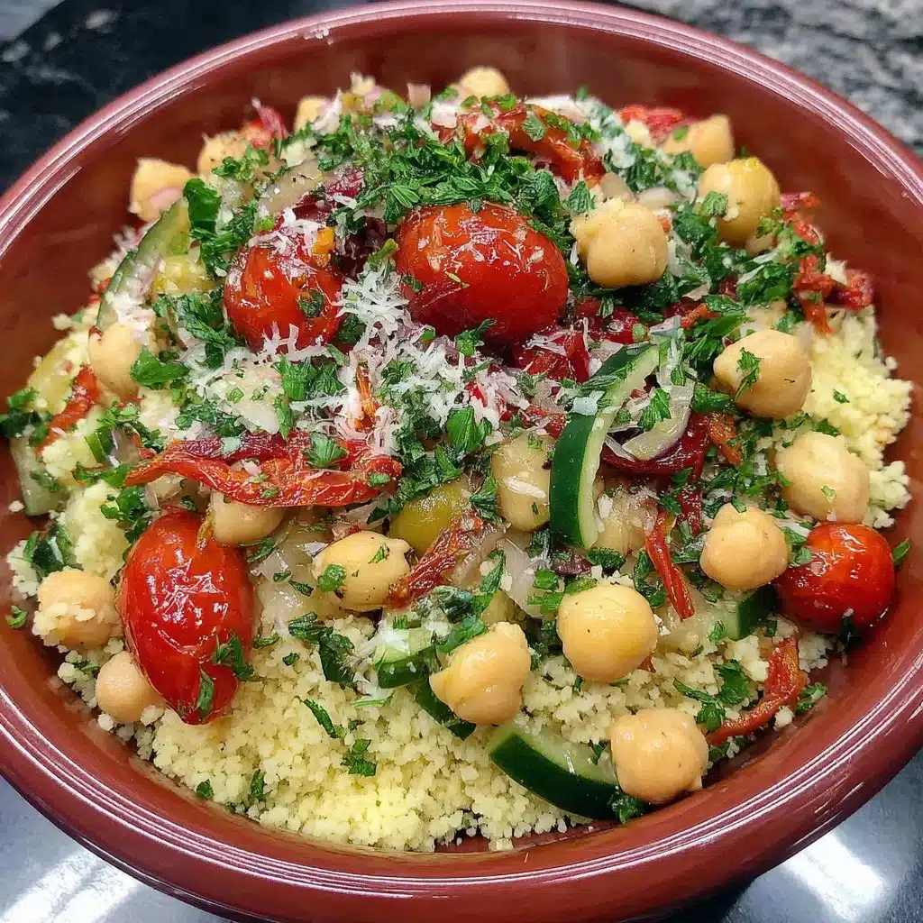Bowl of healthy Mediterranean Couscous Salad with colorful vegetables and dressing