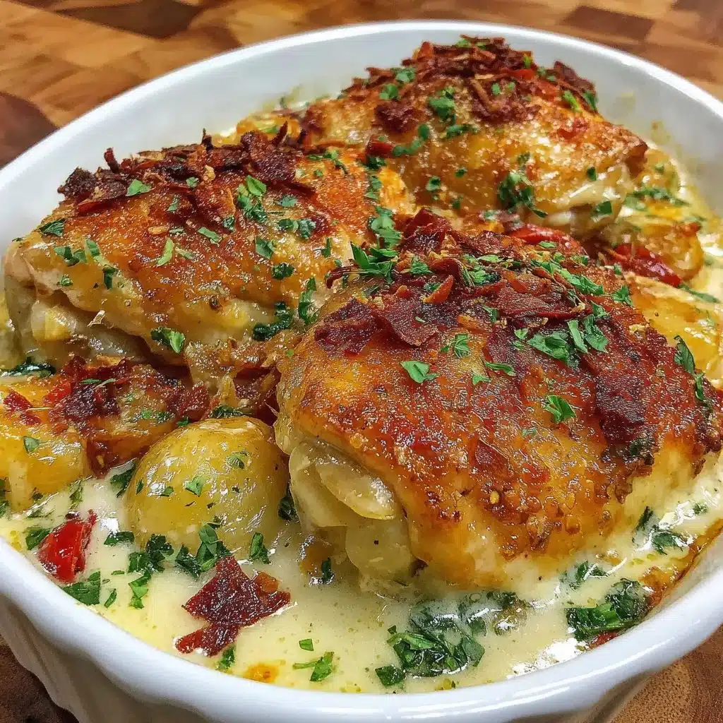 Hearty French Chicken Casserole in the Style of Normandy served with fresh herbs