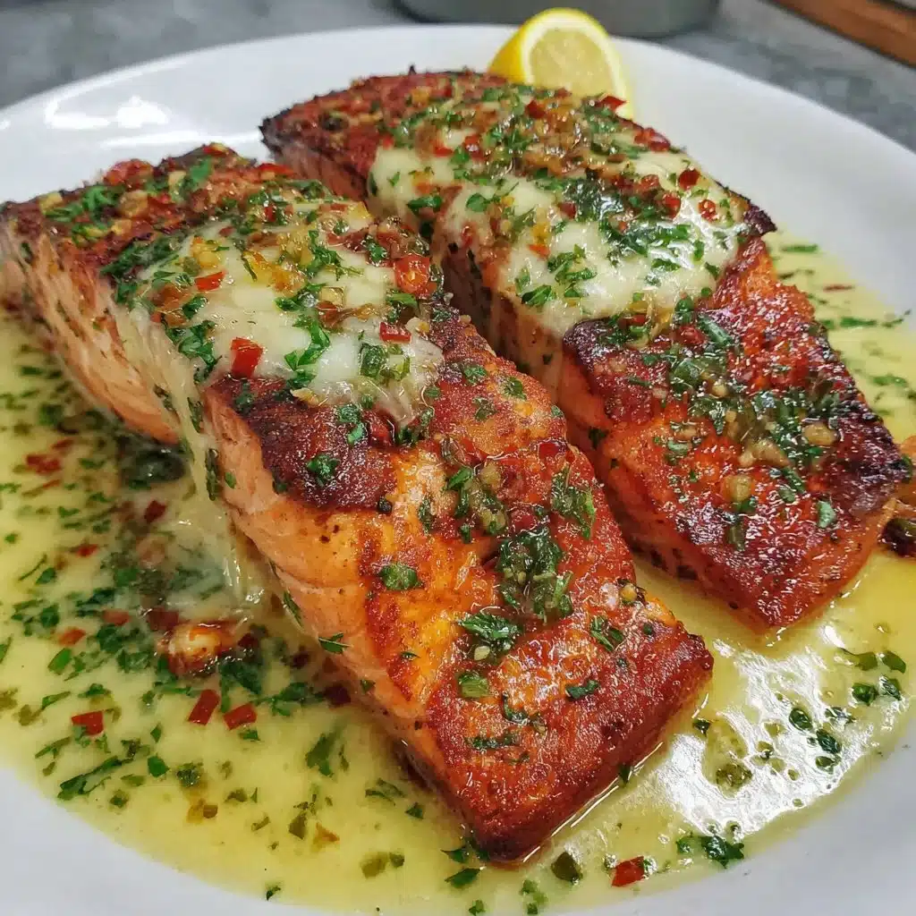 Honey-Lime Garlic Butter Baked Salmon on a plate with a lemon wedge