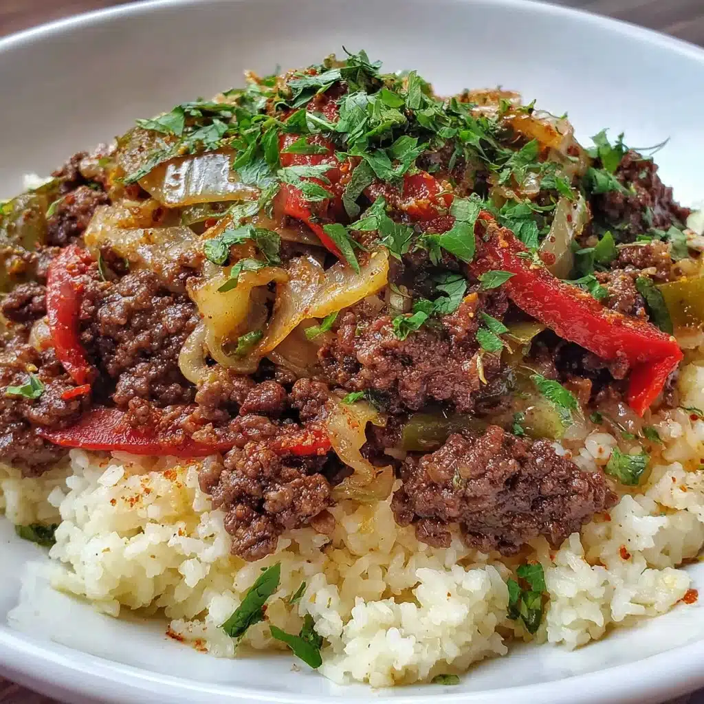 Mediterranean ground beef stir fry with colorful vegetables in a skillet