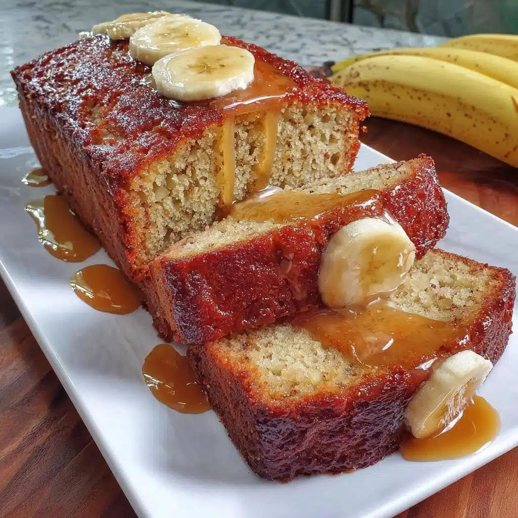Loaf of moist banana bread freshly baked on a wooden table