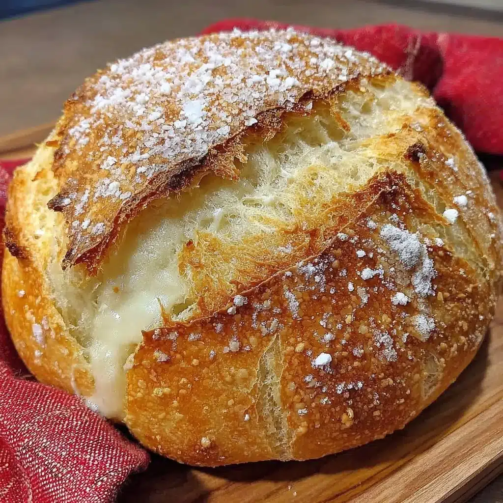 Freshly baked no knead bread on a wooden table