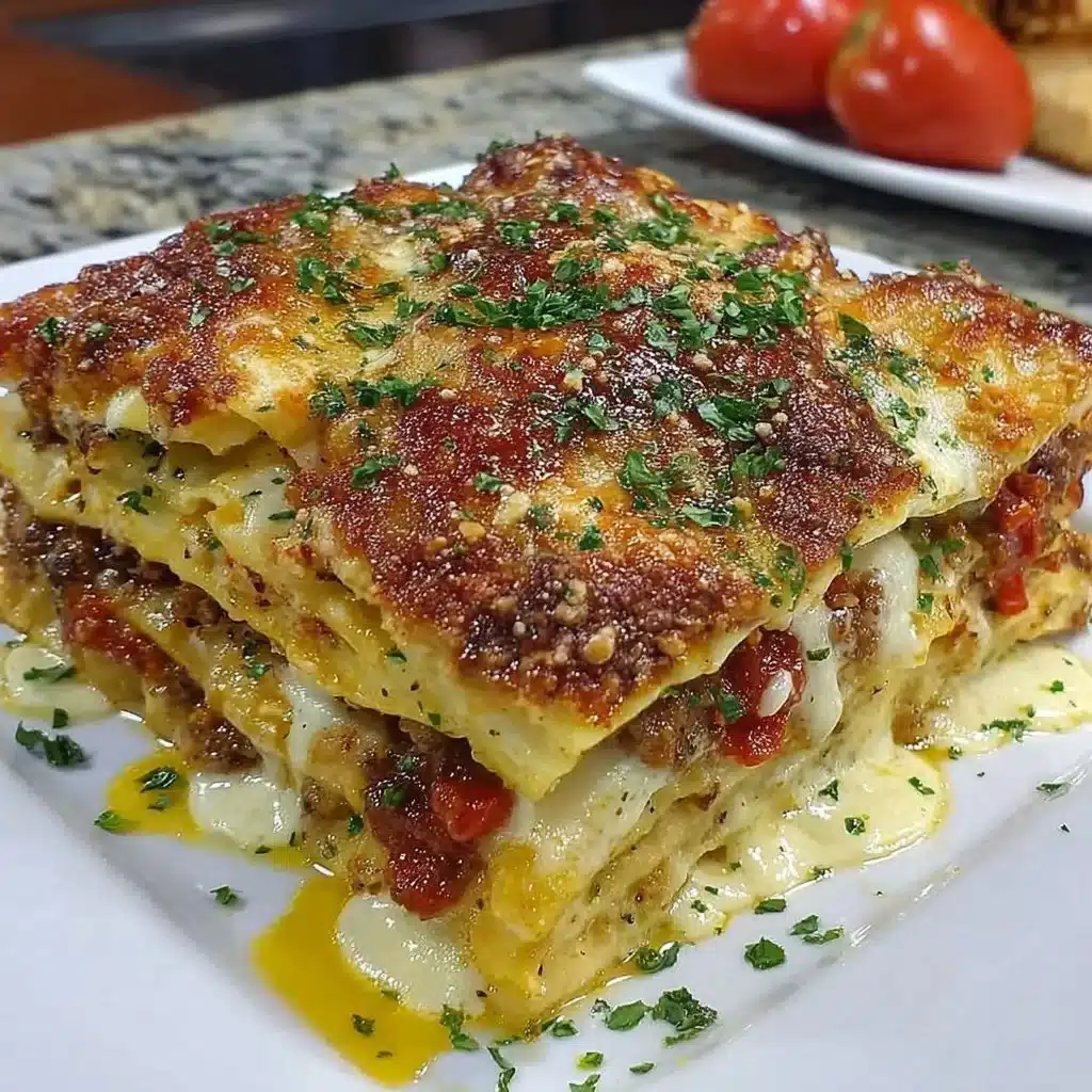 One Million Dollar Lasagna served on a plate, showcasing layers of cheese and sauce.
