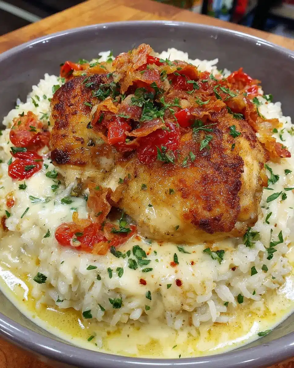 Oven-baked chicken served with rice on a plate, garnished with herbs.