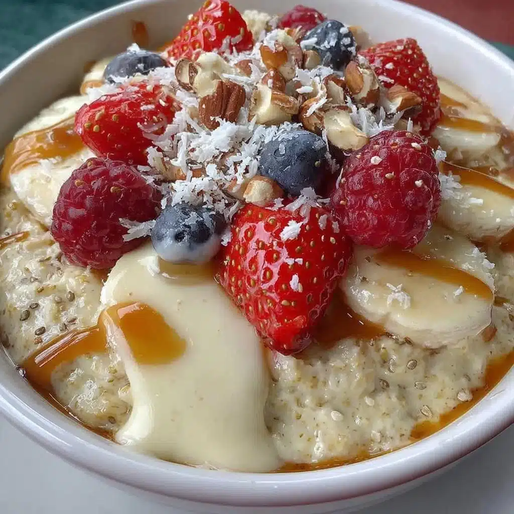 Bowl of delicious overnight oats topped with fruits and nuts for a healthy breakfast.