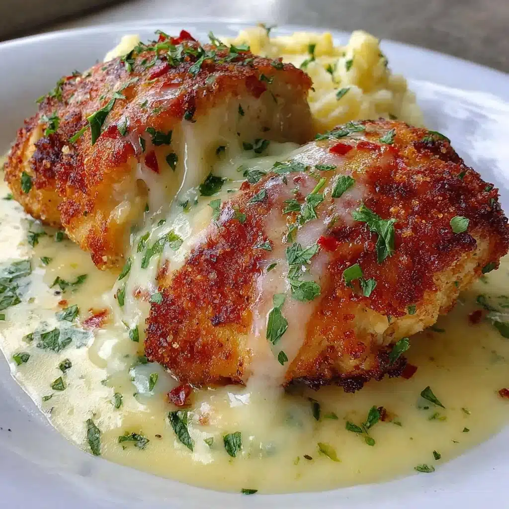 Delicious Parmesan Crusted Chicken served with creamy garlic sauce