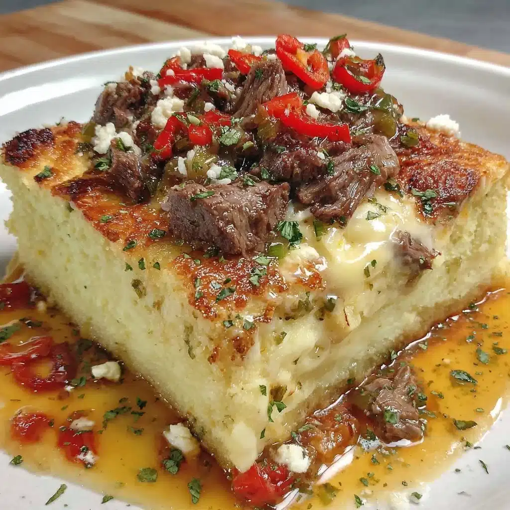 Delicious Philly cheesesteak casserole served in a dish with melted cheese and peppers