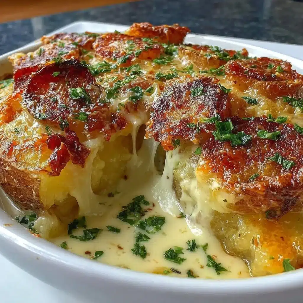 Delicious potato bake with cheese and herbs in a baking dish.