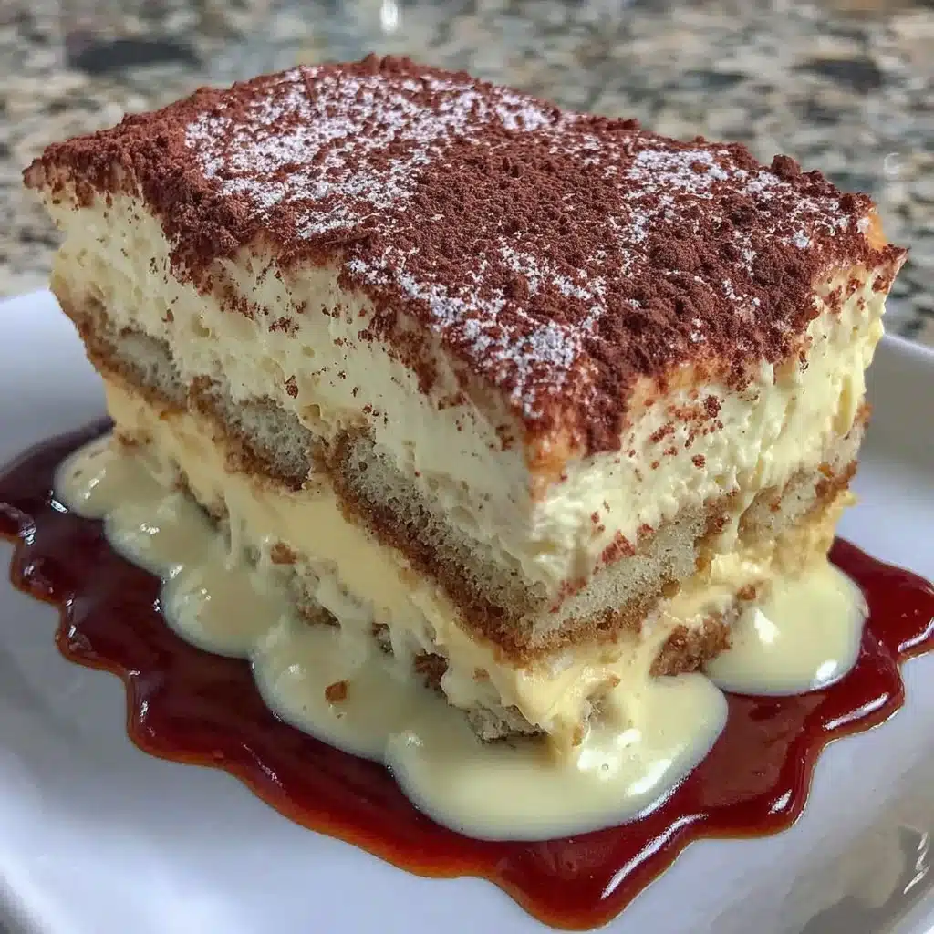 Delicious protein-packed tiramisu dessert topped with cocoa