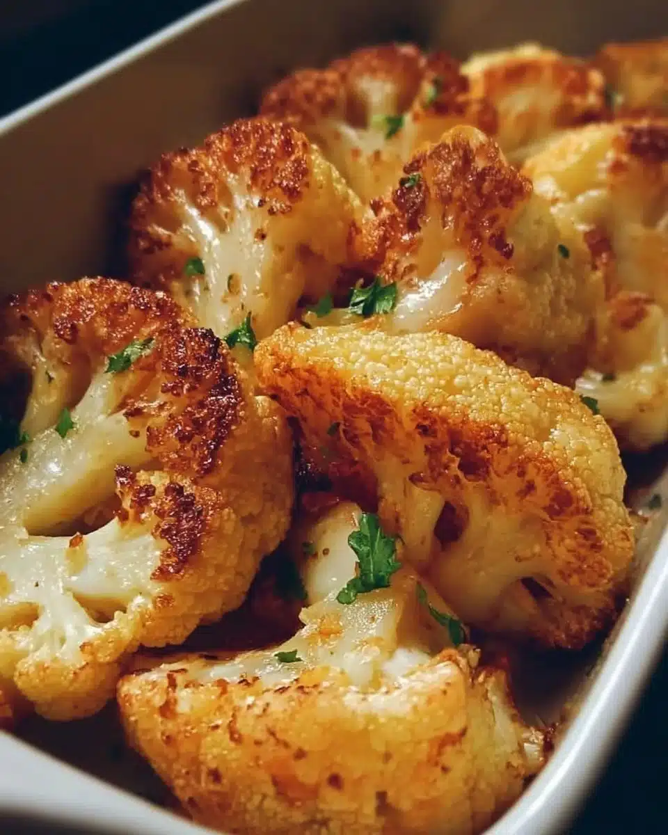 Plate of perfectly roasted cauliflower florets seasoned with herbs and spices