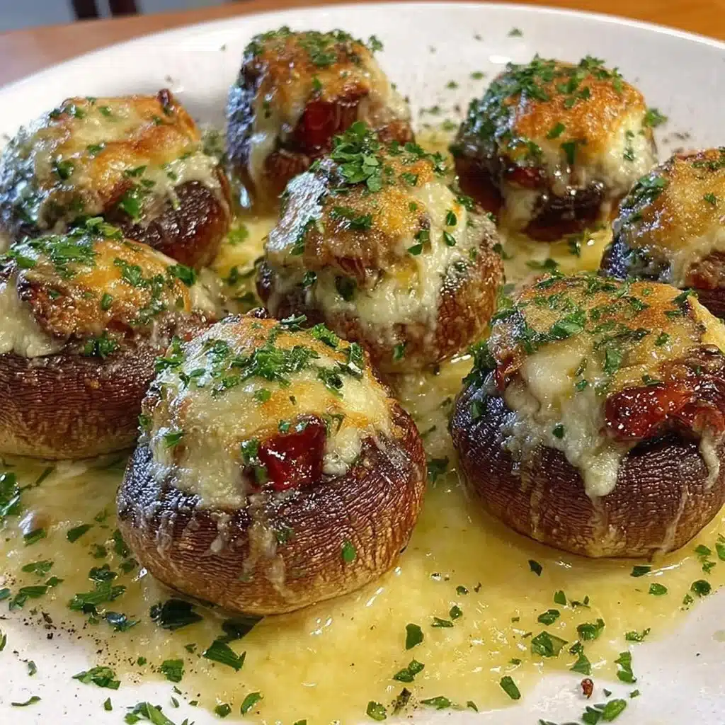 Delicious stuffed mushrooms topped with herbs and cheese, ready to serve.