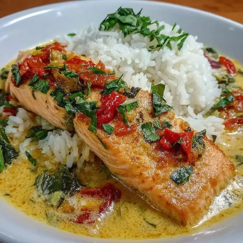 Delicious bowl of Thai Salmon Curry with fresh herbs and spices