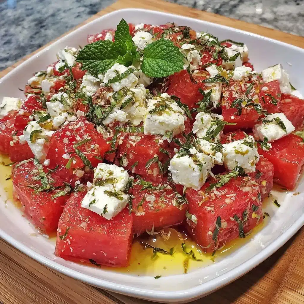 Quick watermelon feta salad with fresh ingredients on a white plate