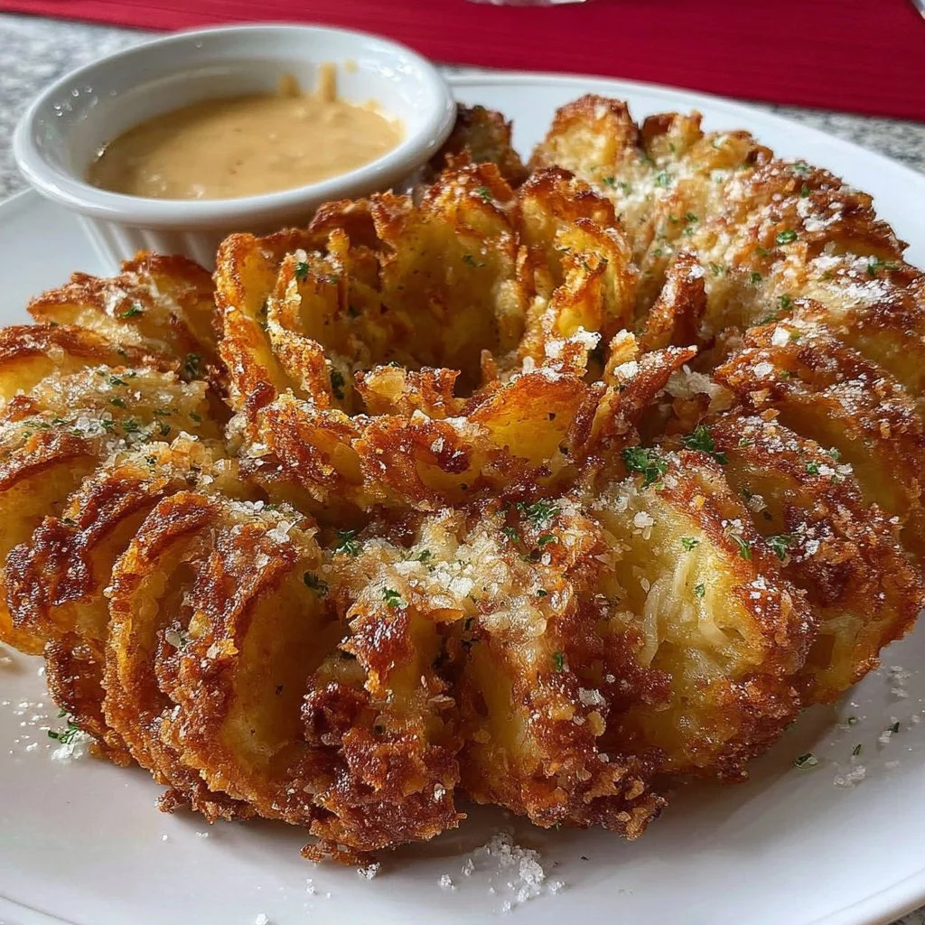 Crispy air fryer blooming onion served with dipping sauce on a plate.