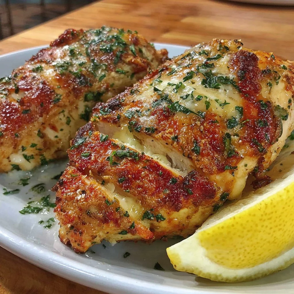 Juicy seasoned chicken breast cooked in an air fryer, garnished with herbs.