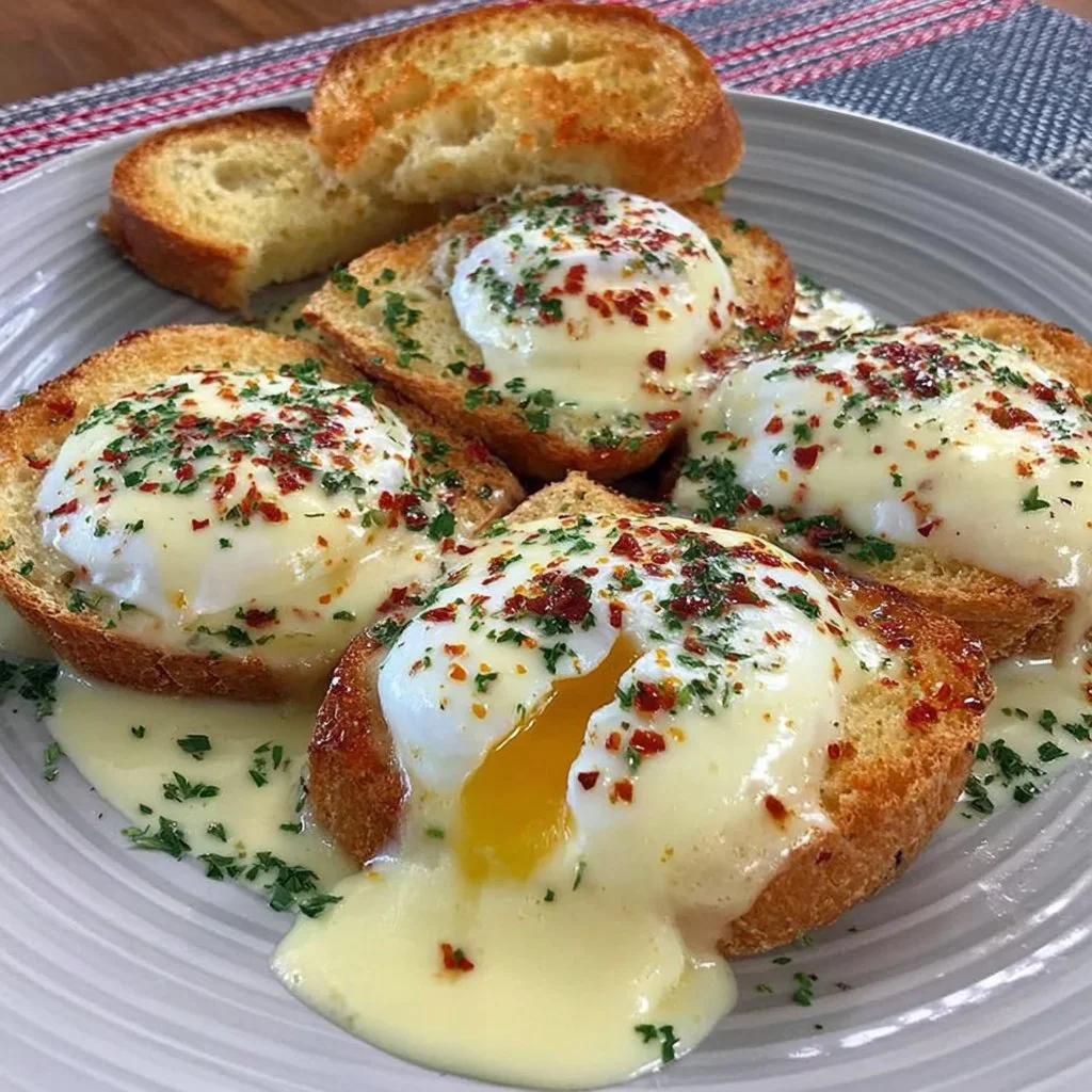 Air fryer poached eggs served on a plate with garnishes