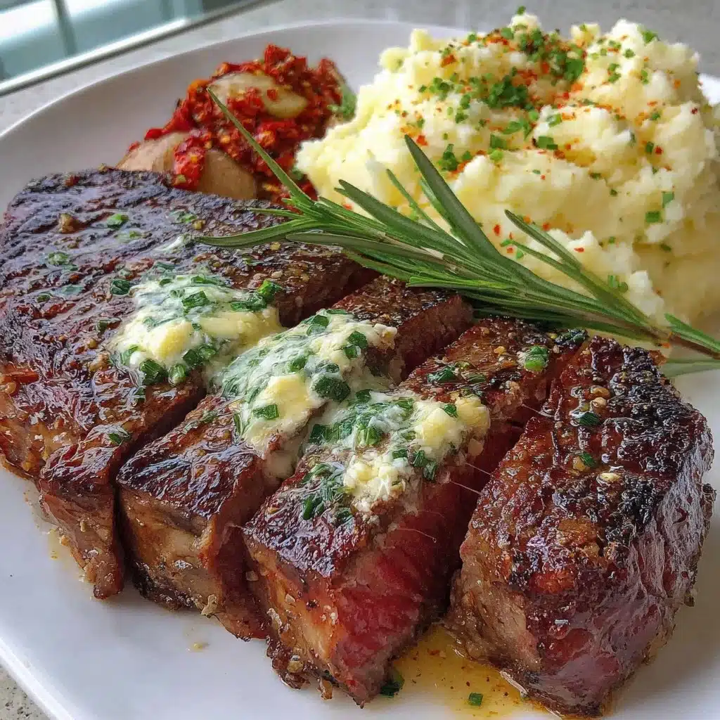 Delicious Air Fryer Steak topped with Garlic Butter on a plate