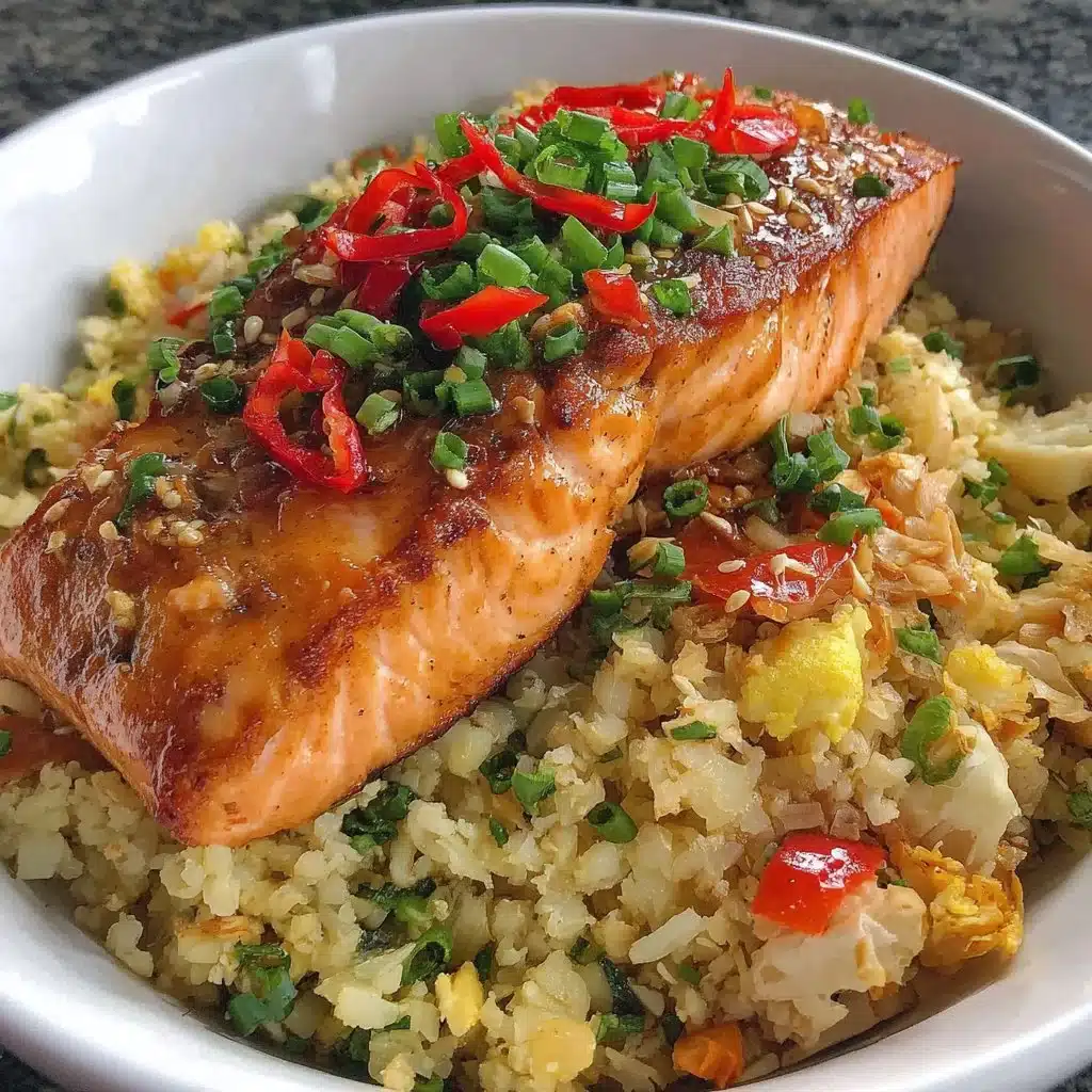 Air-fryer teriyaki salmon with cauliflower rice in a vibrant bowl