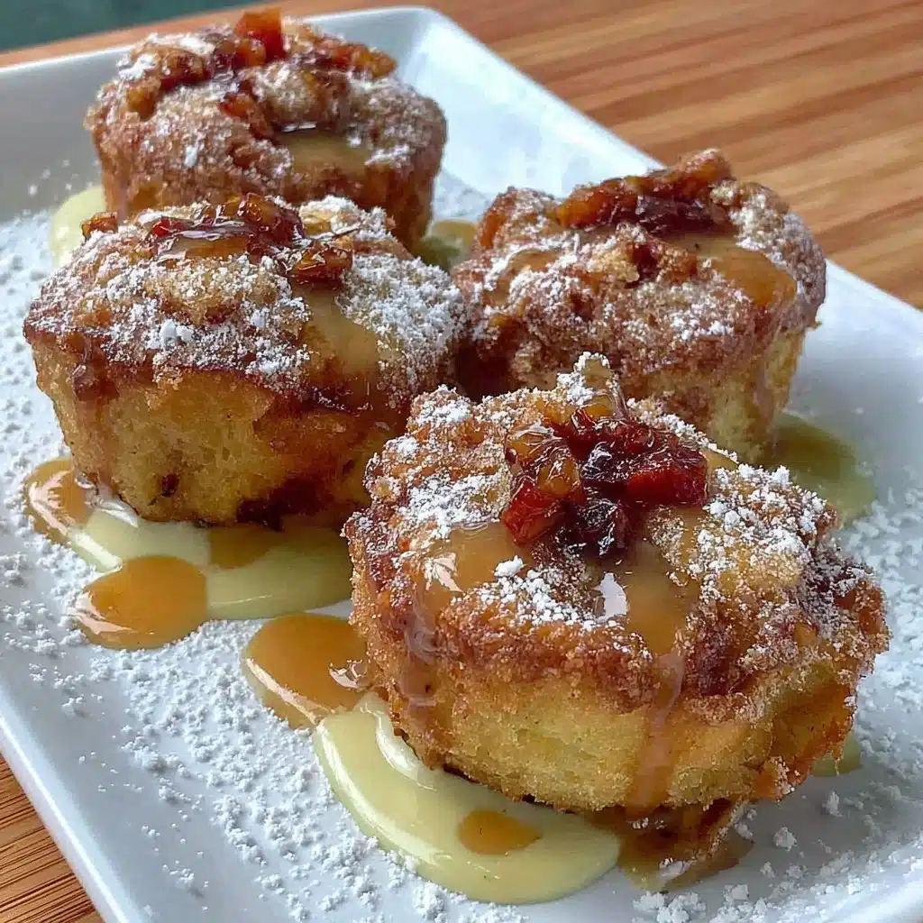 Golden baked rhubarb fritters on a plate, garnished with powdered sugar