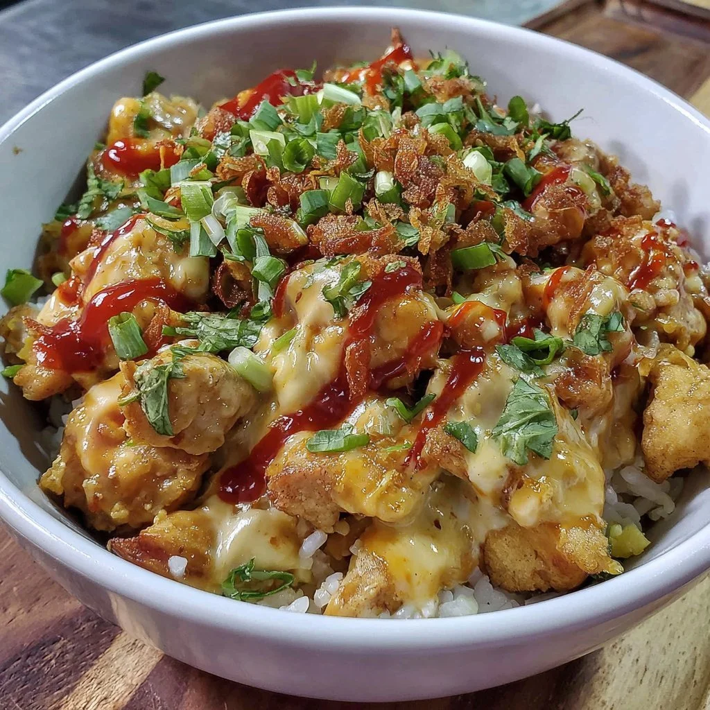 Delicious Bang Bang Chicken Bowl garnished with fresh vegetables and spicy sauce