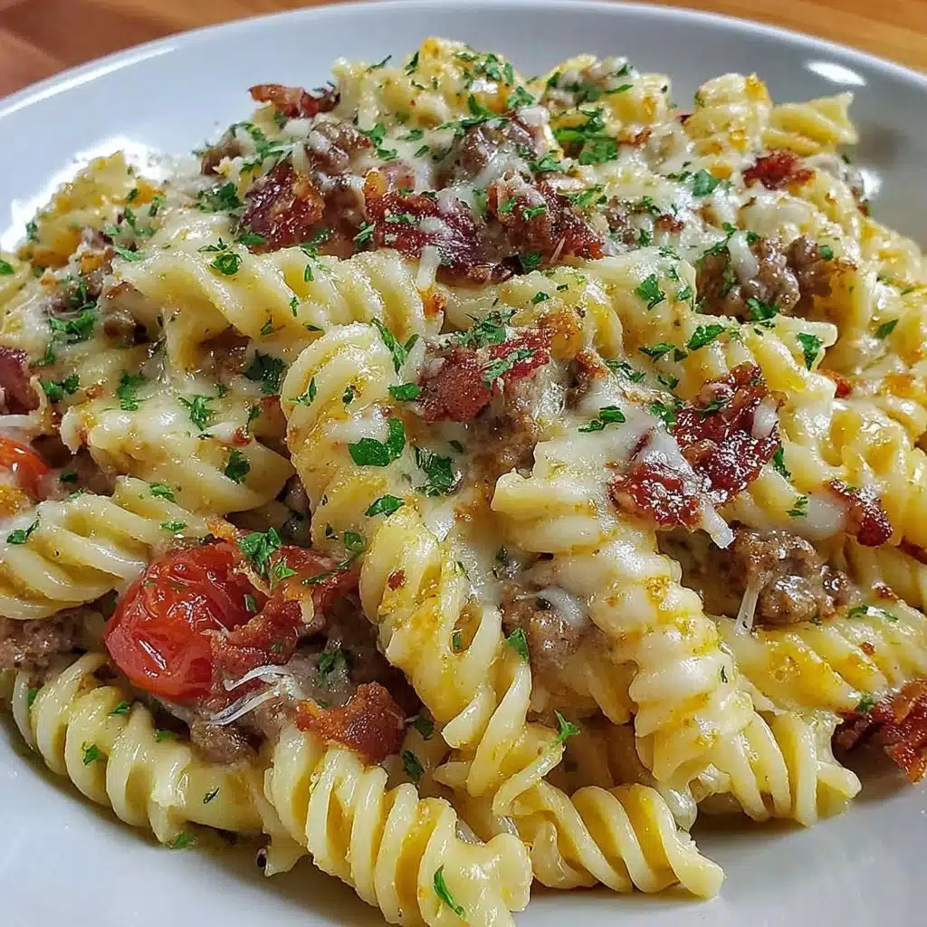 cheesy pasta is packed with all the flavors of a juicy bacon cheeseburger