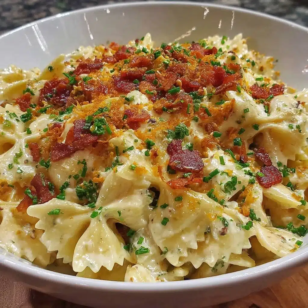 Colorful bow tie pasta salad with vegetables and dressing