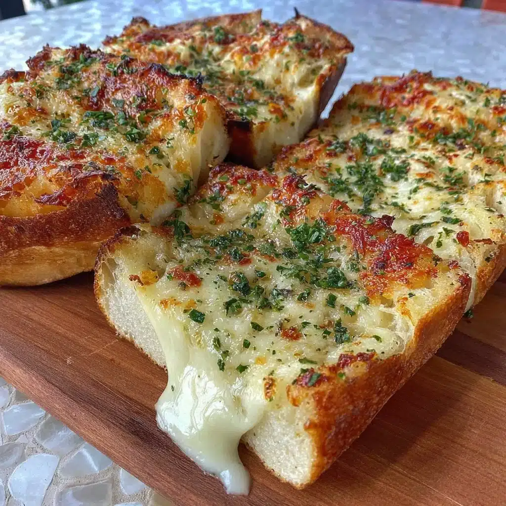 Delicious cheesy garlic bread fresh out of the oven with melted cheese