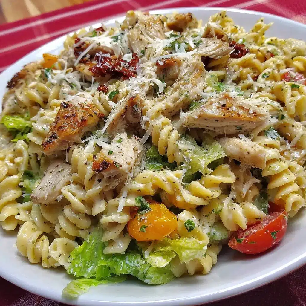 Delicious Chicken Caesar Pasta Salad garnished with croutons and parmesan cheese