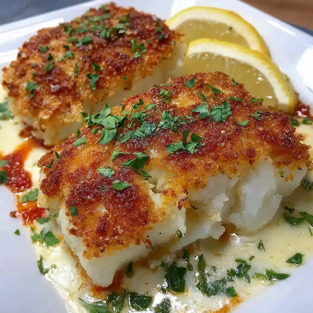 Crispy air fryer Parmesan cod served with lemon and herbs on a plate.
