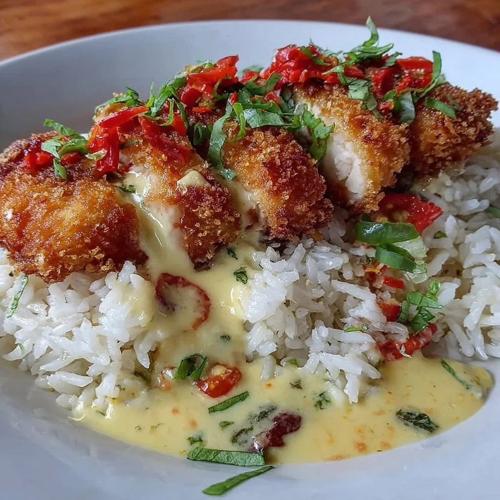 Crispy chicken with creamy spicy sauce on jasmine rice dish