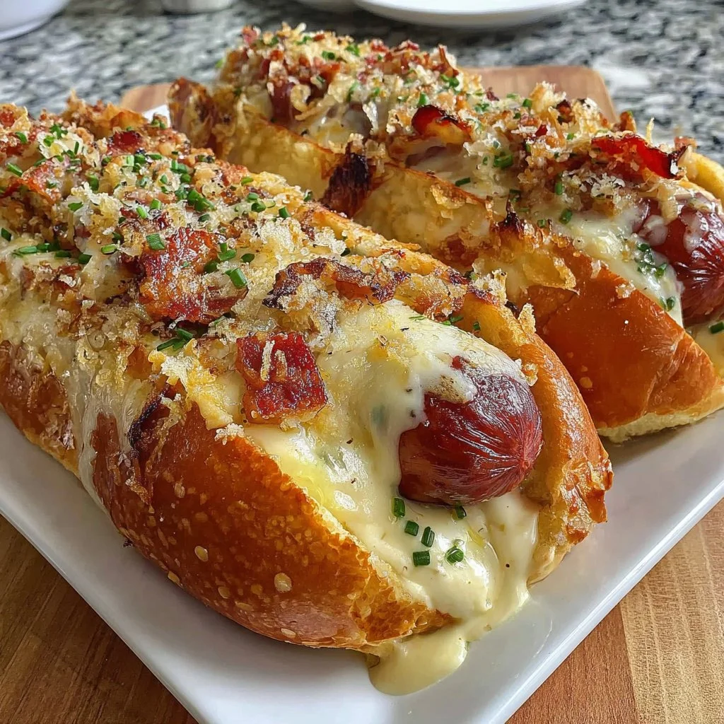 Crispy Hot Dog Melt with melted cheese and toppings served on a plate