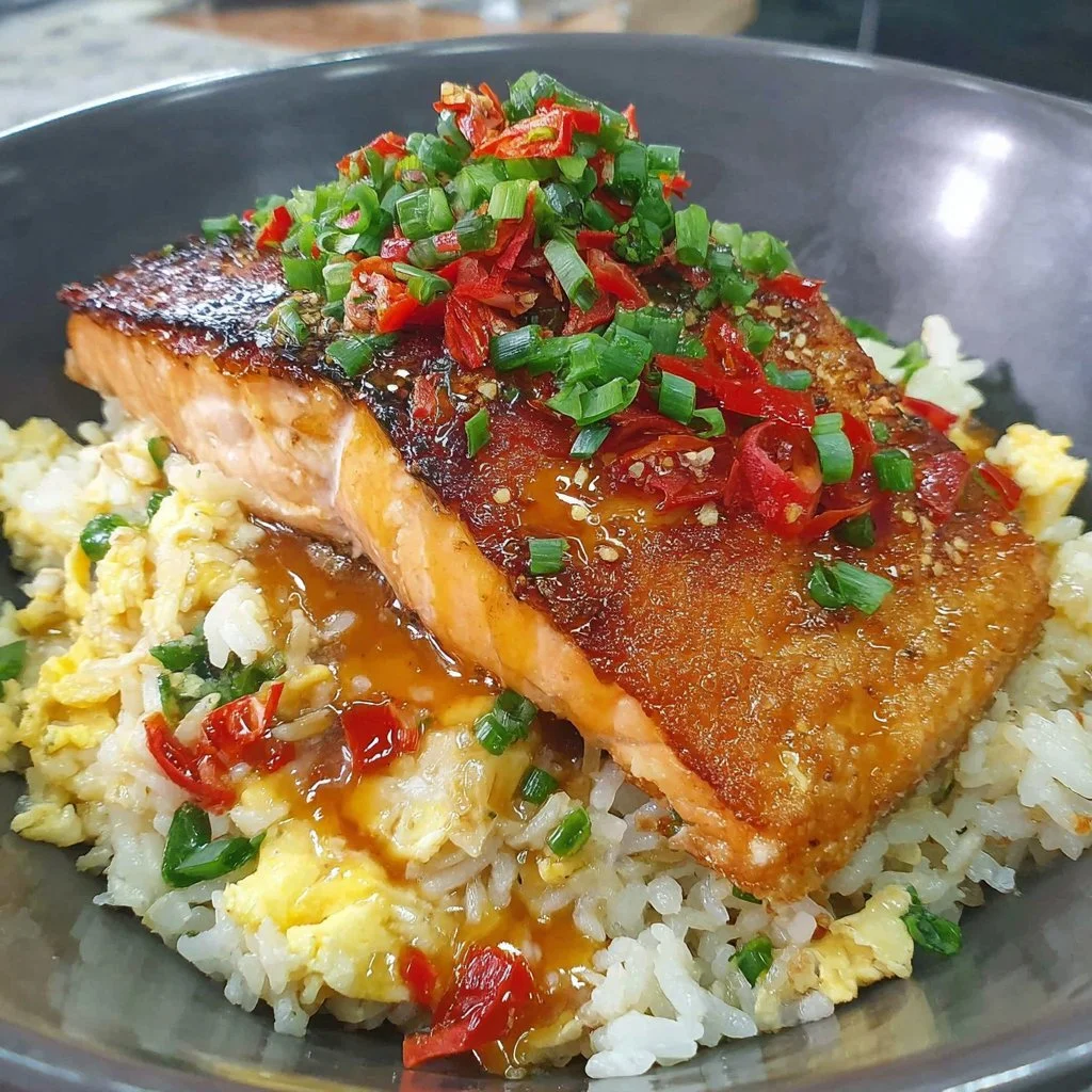 Crispy salmon rice bowl garnished with vegetables for a comforting meal