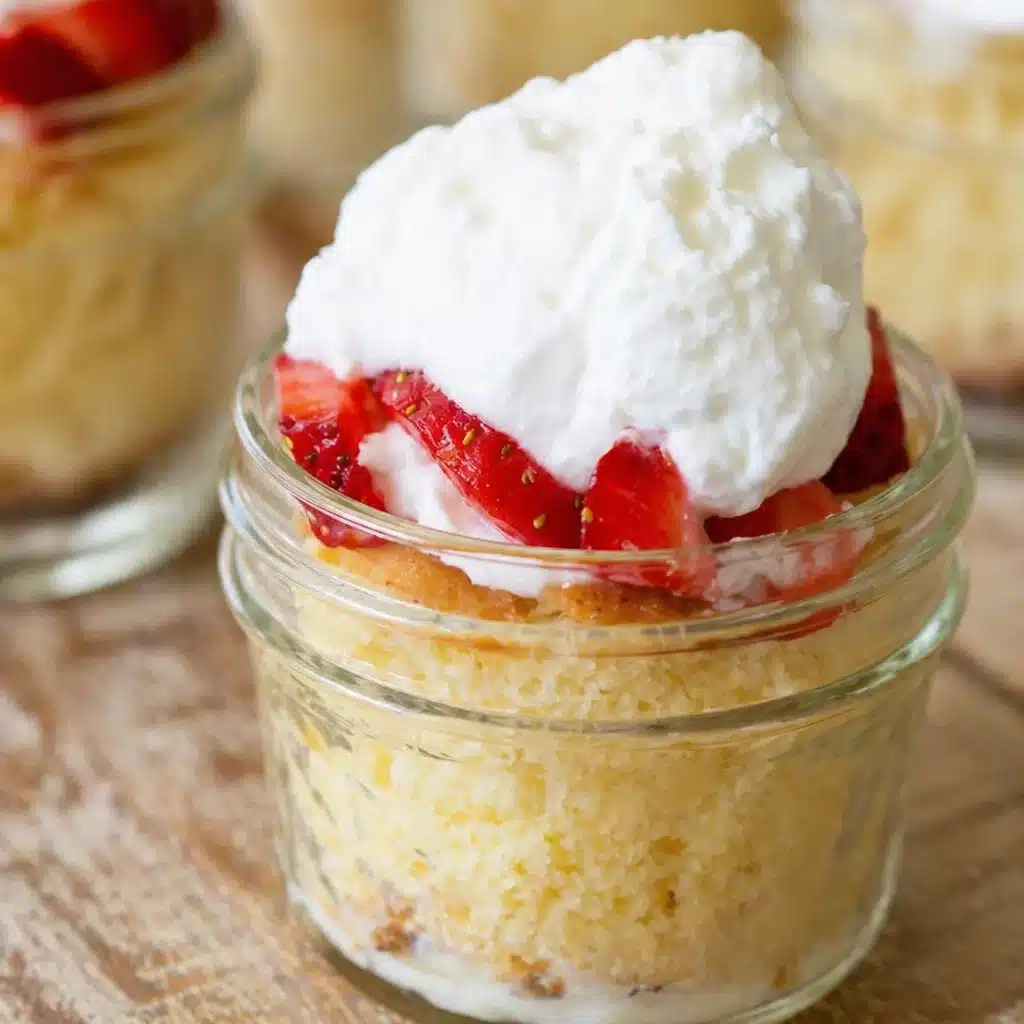 Mini tres leches cake in mason jars, soaked in three milks topped with whipped cream.