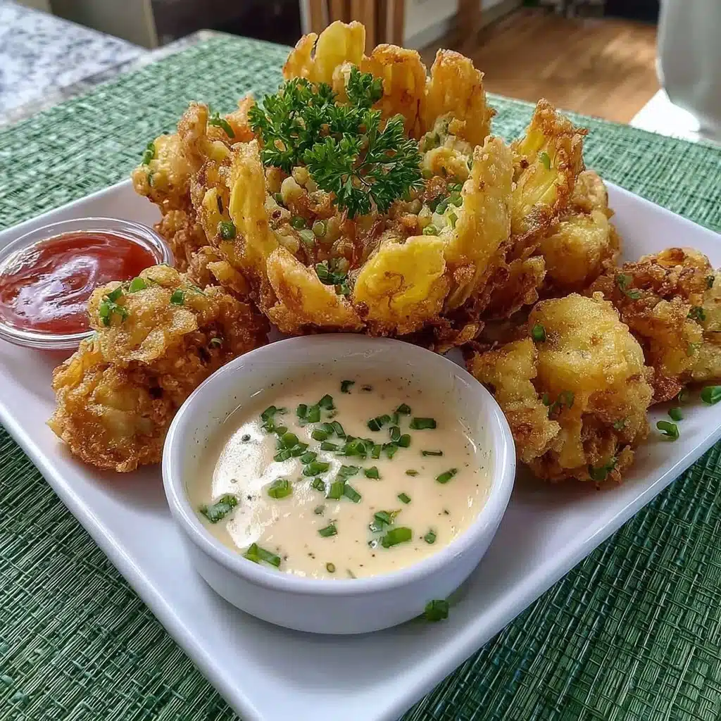 Delicious air fryer blooming onion served with dipping sauce