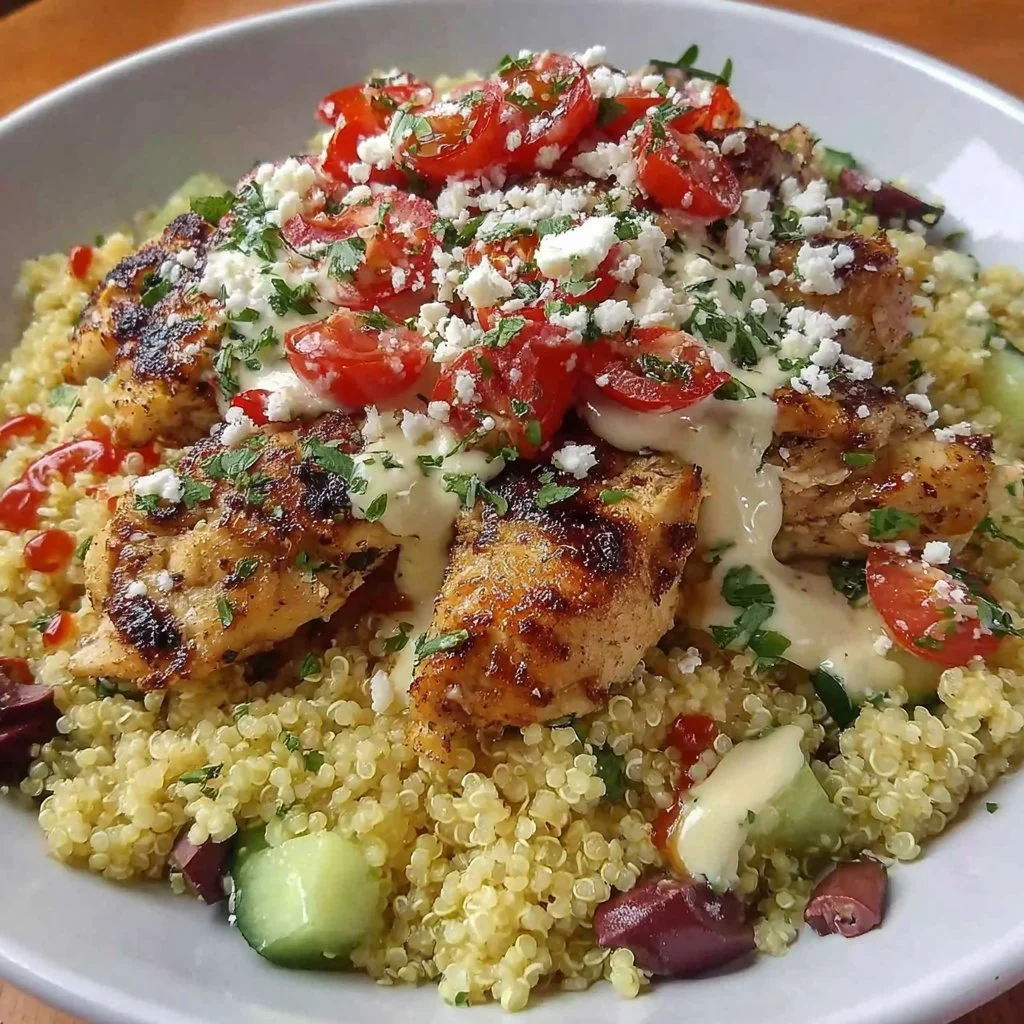 Healthy Greek Chicken Quinoa Bowl topped with fresh vegetables and herbs
