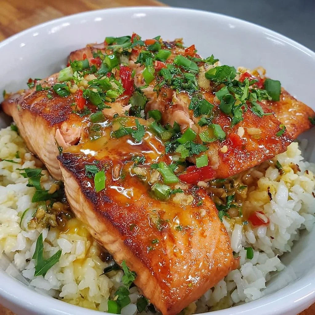 Delicious honey glazed salmon bowl with vegetables and rice