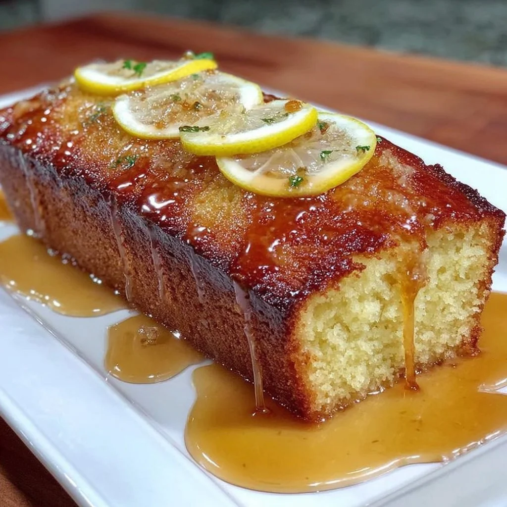 Freshly baked lemon drizzle cake with a glossy lemon glaze on top