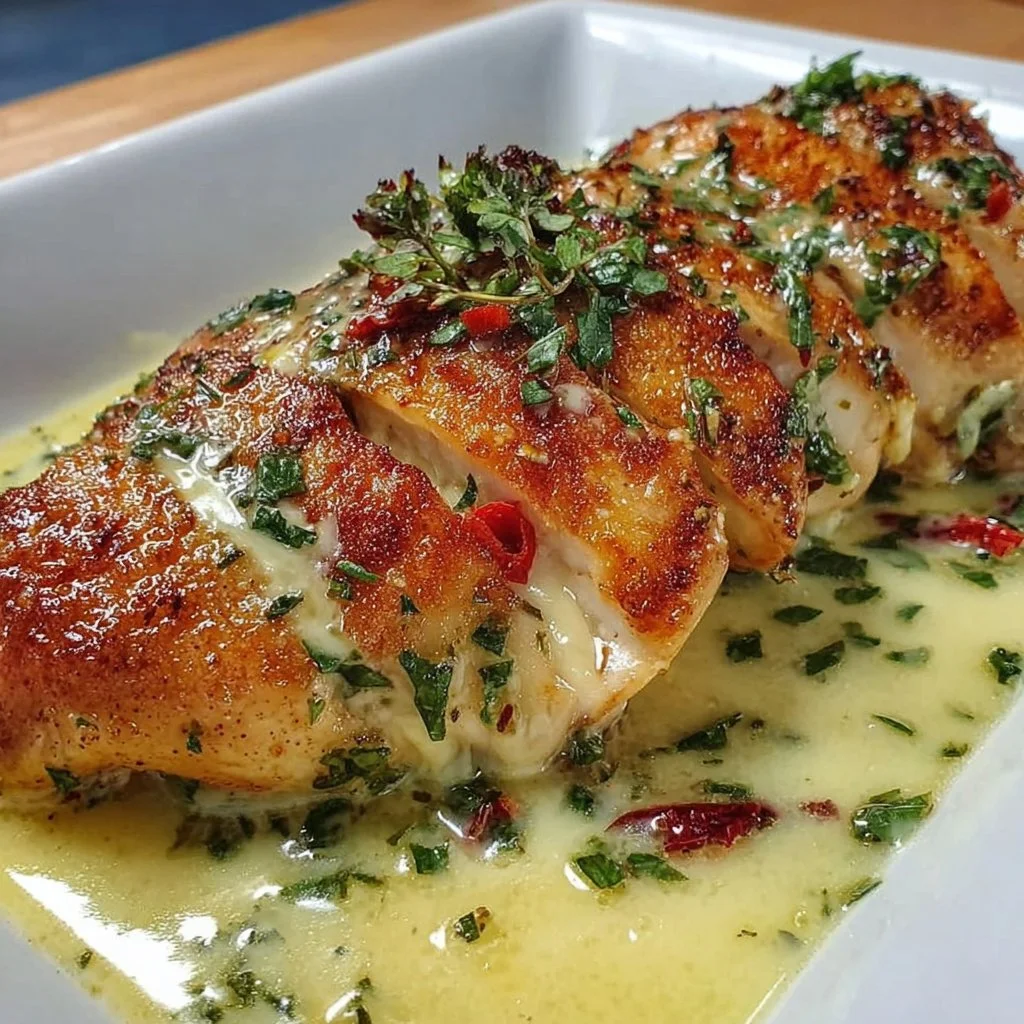 Lemon Garlic Butter Chicken plated with garnish and served in a bowl.