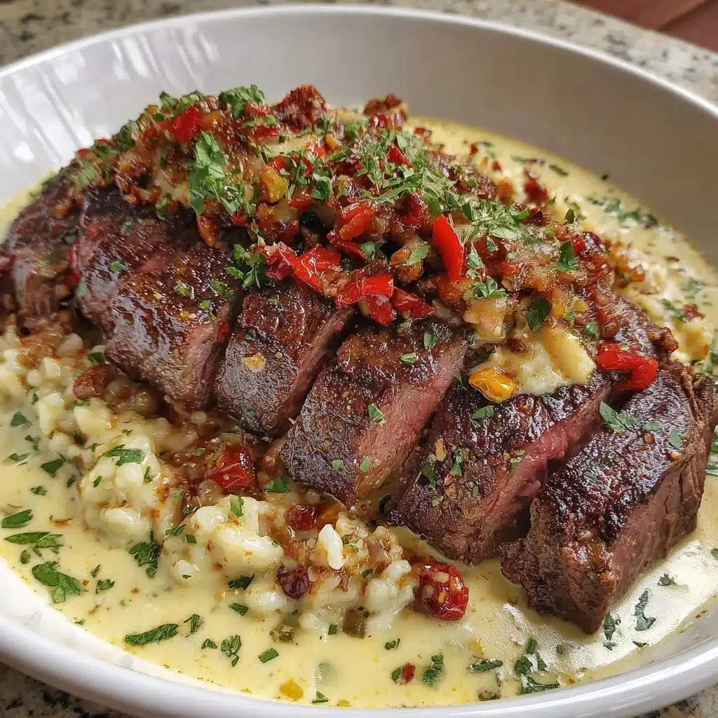 Mediterranean steak bowl with fresh veggies and herbs, perfect for fall meals.