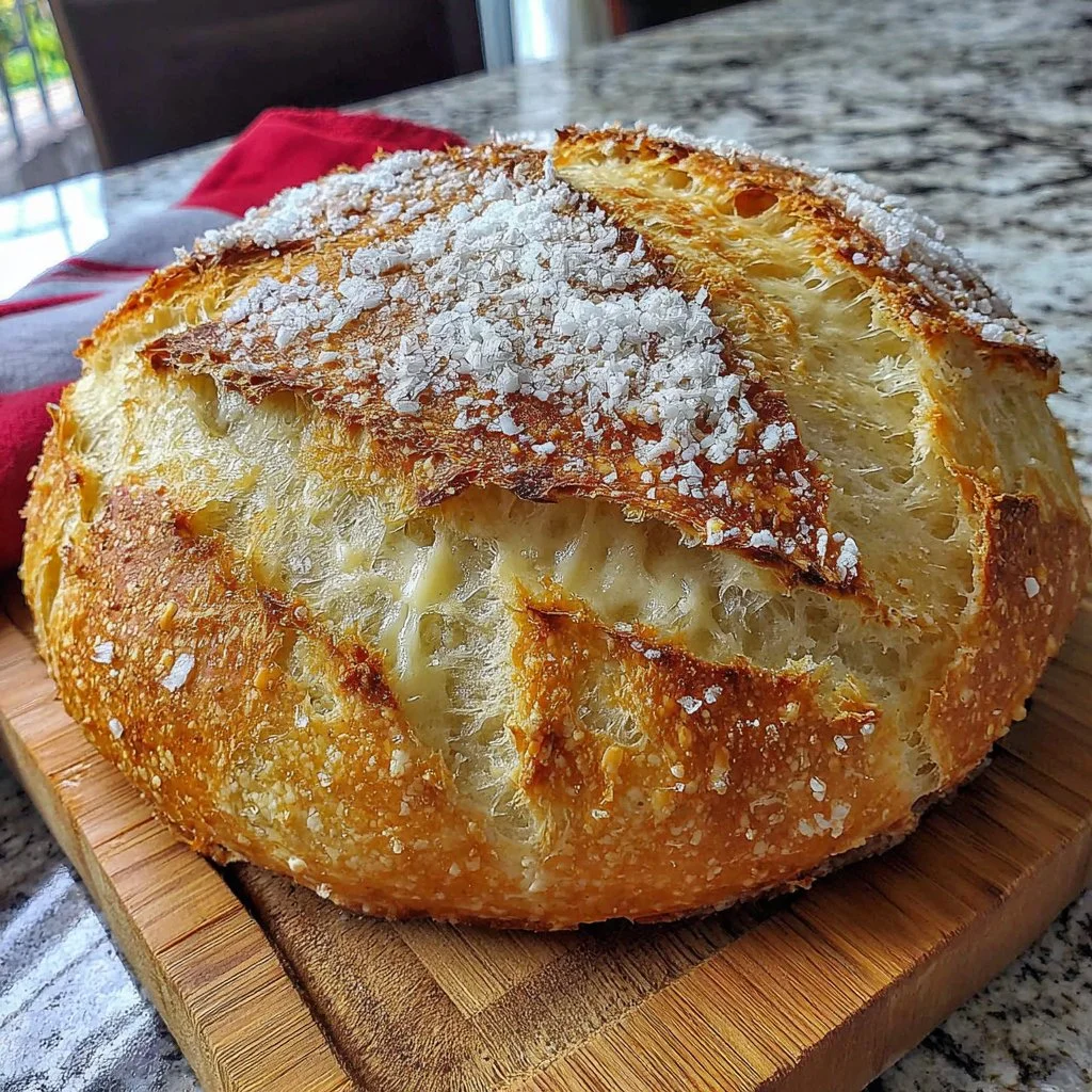 Freshly baked No Knead Bread on a wooden table